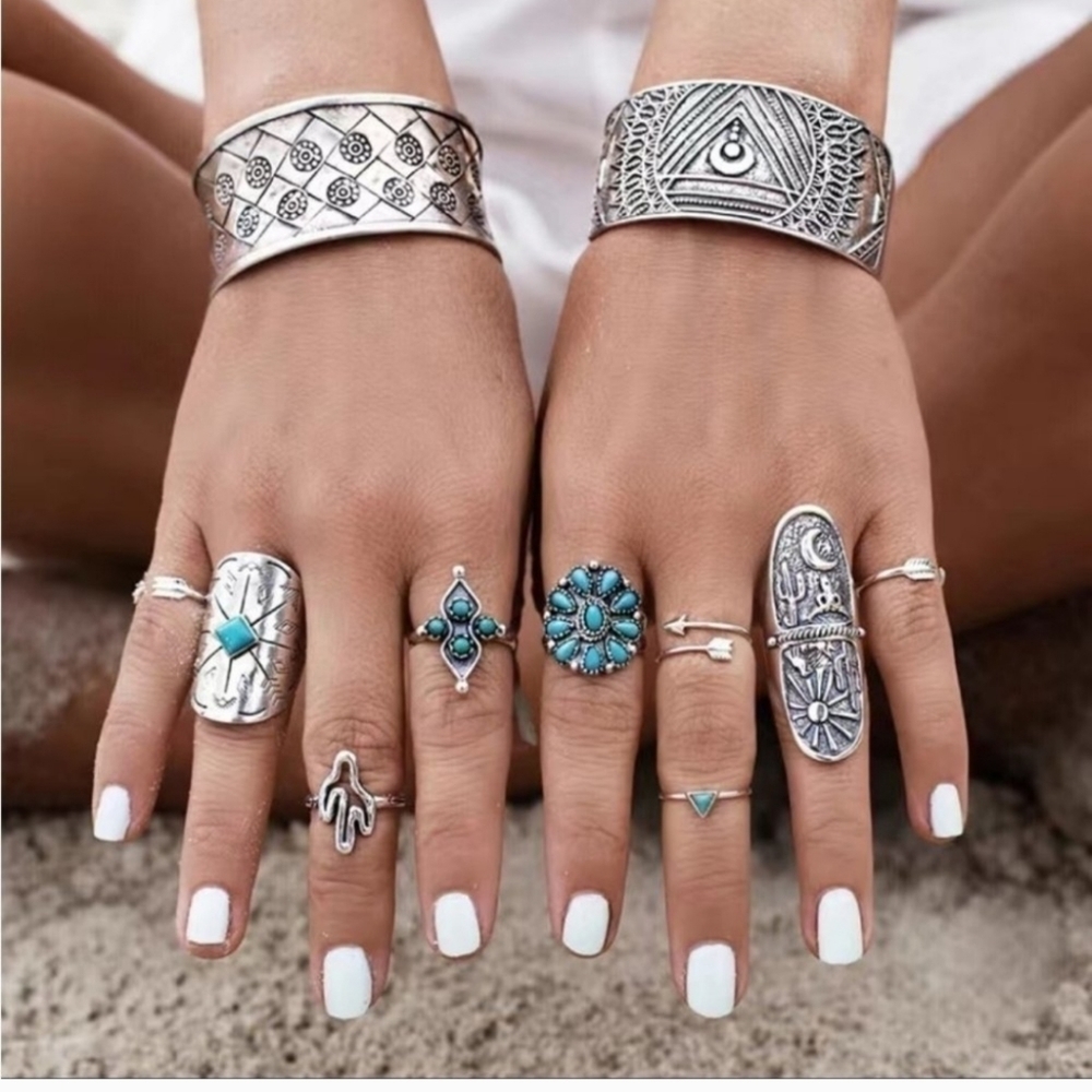 Tourquoise Flower Cactus Triangle Arrow Tail Ring 9pcs/Set